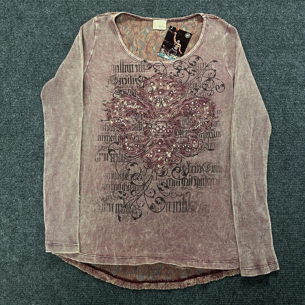 Daytrip Shirt Womens Small Mauve Lace Back Thermal Long Sleeve Fleur-de-Lis